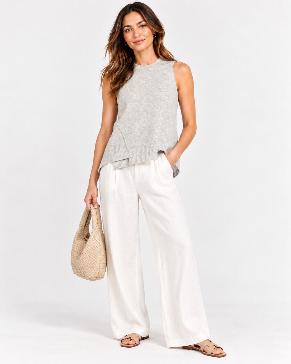 Brochu Walker Aimi Wool Cashmere Layered Sweater Tank Gray White Large
